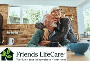 Friends Life Care Logo and image of elderly couple embracing