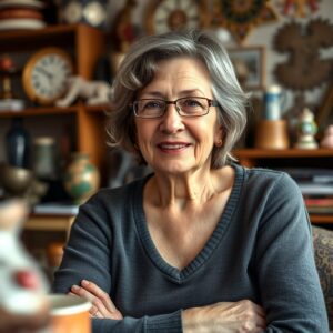 happy woman in her cluttered home