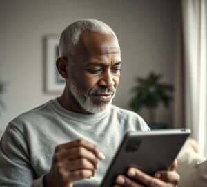 older black man on tablet