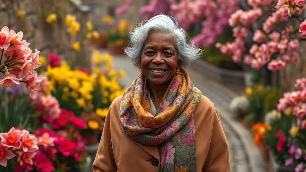 black woman happy walking outside among flowers