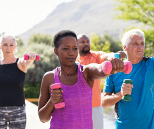diverse group of older adults excercising
